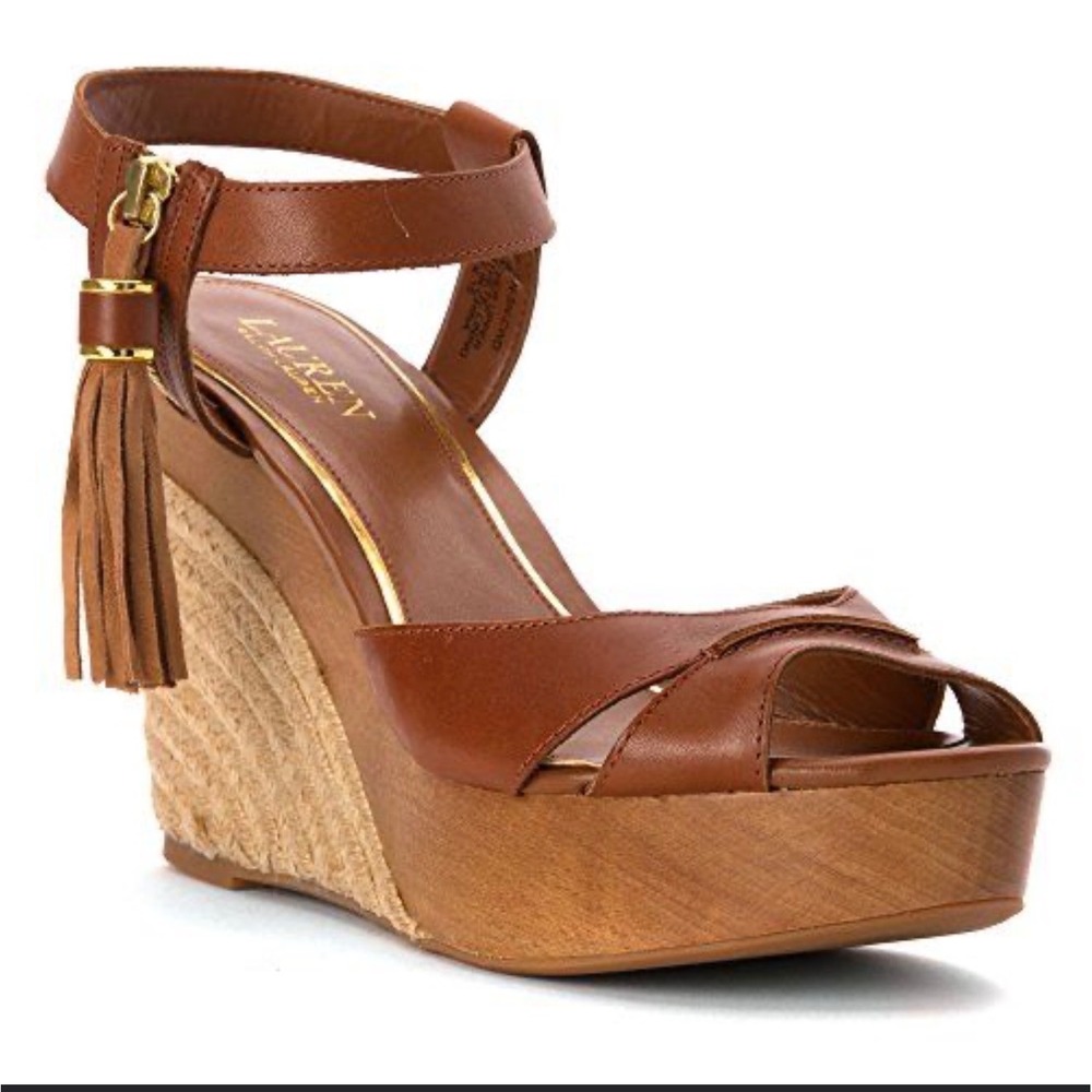 Lauren Ralph Lauren Gwen TanLeather Espadrille Wedge Tassel Sandals 8B GWEN